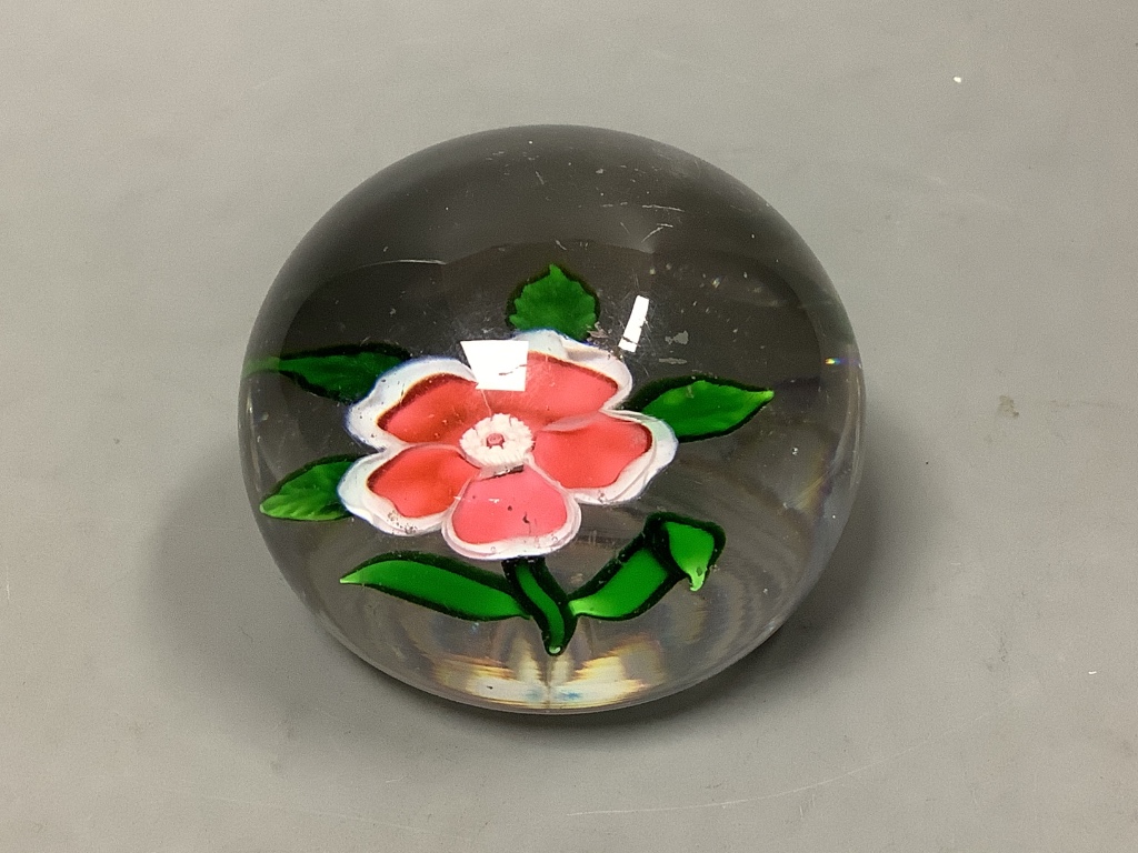 An antique Baccarat pink dog rose glass paperweight, star cut base